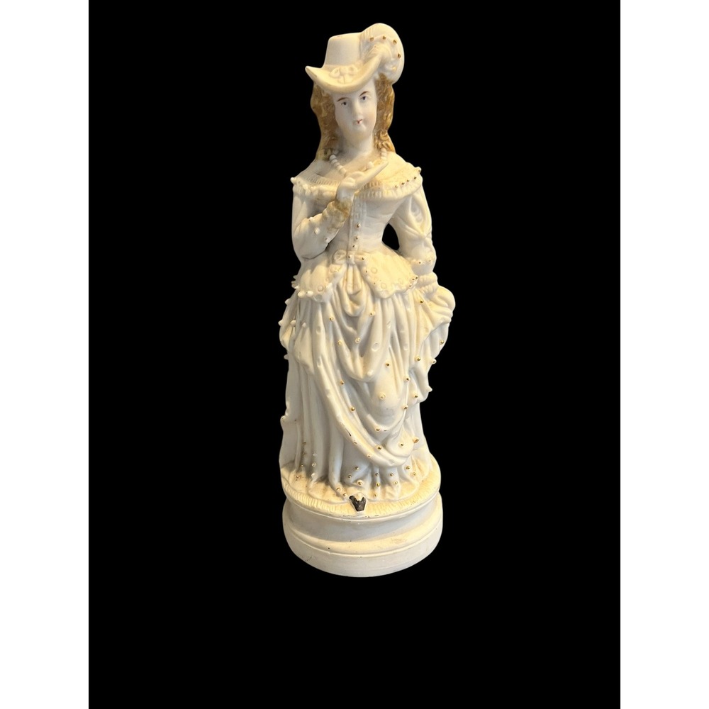 Vintage Victorian Lady Bisque Porcelain Figurine Gold Beaded Detail White Matte